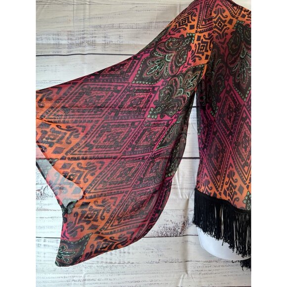 Ivy Jane Size S Boho Festival Fringe Kimono Bell Sleeve Asymetrical Sheer Blouse - Picture 3 of 12